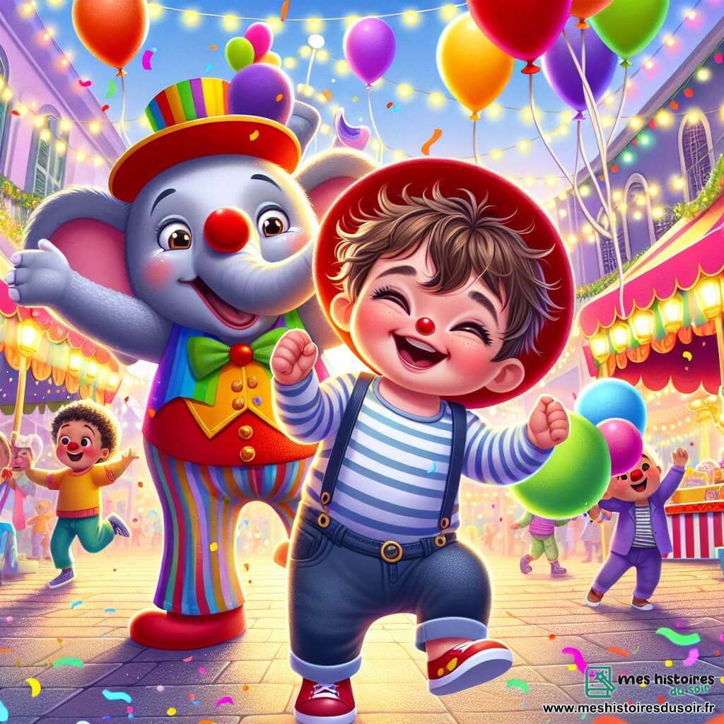 Léo, un petit garçon d'un an aux cheveux bruns en désordre et aux yeux pétillants, porte un chapeau rouge vif et danse avec un grand sourire, entouré de couleurs éclatantes et de confettis. À ses côtés, un clown joyeux d'environ 30 ans, avec un visage peint en blanc et un nez rouge, jongle avec des ballons multicolores tout en riant et en encourageant Léo. Un éléphant amical de taille immense, avec une peau grise, lève sa trompe pour saluer Léo et danse avec ses grandes oreilles. Ils se trouvent dans une rue animée décorée de guirlandes et de lanternes, où des enfants rient et jouent, créant une atmosphère festive. L'image montre Léo, le clown et l'éléphant célébrant ensemble la magie d'une journée ensoleillée au carnaval.
