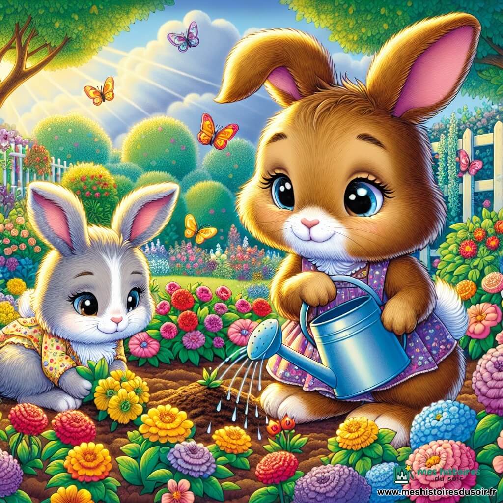 Noisette, un petit lapin brun au pelage doux, se tient au centre d'un jardin vibrant de fleurs colorées. Son expression mélancolique et déterminée, avec ses grandes oreilles tombantes et ses yeux brillants, trahit une profonde émotion. À ses côtés, sa sœur Plumette, un lapin blanc aux yeux pétillants, l'encourage avec un sourire, tenant un arrosoir. Le jardin est baigné de lumière dorée, avec des arbres majestueux en arrière-plan et un ciel bleu parsemé de nuages. Des papillons volent autour des fleurs, ajoutant une touche de magie. Noisette et Plumette plantent des graines avec soin, symbolisant leur promesse de prendre soin du jardin de leur grand-mère tout en se remémorant des souvenirs.