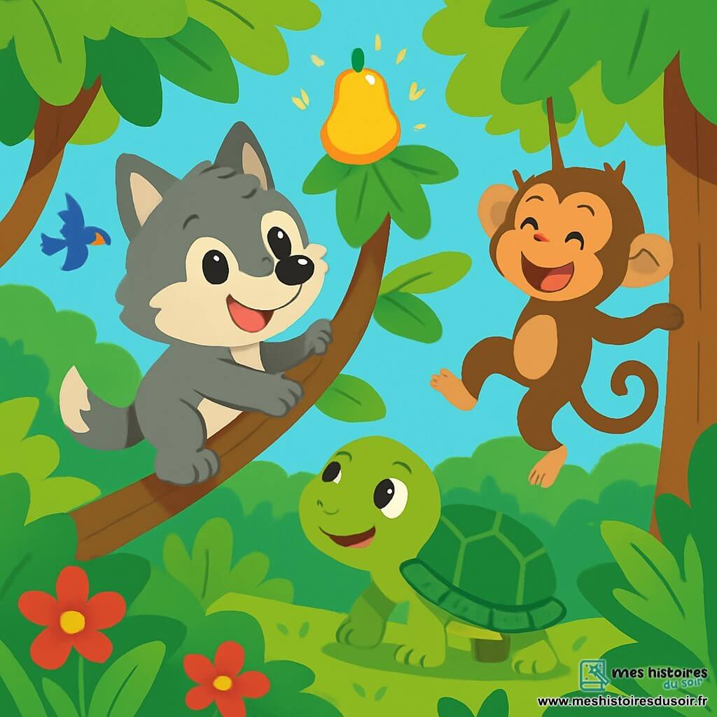 Un petit loup nommé Loupou, avec un pelage gris et des yeux curieux, grimpe sur une branche d'arbre, souriant. À côté, Léa la tortue, avec sa carapace verte, admire la scène, tandis qu'Hugo le singe, aux poils bruns, balance d'une branche à l'autre en riant. La scène se déroule dans une jungle luxuriante avec de grands arbres, des fleurs colorées et des oiseaux brillants. Loupou et ses amis sont en quête d'un fruit magique doré au sommet d'un arbre majestueux, unis dans leur aventure et prêts à relever le défi de la jungle.