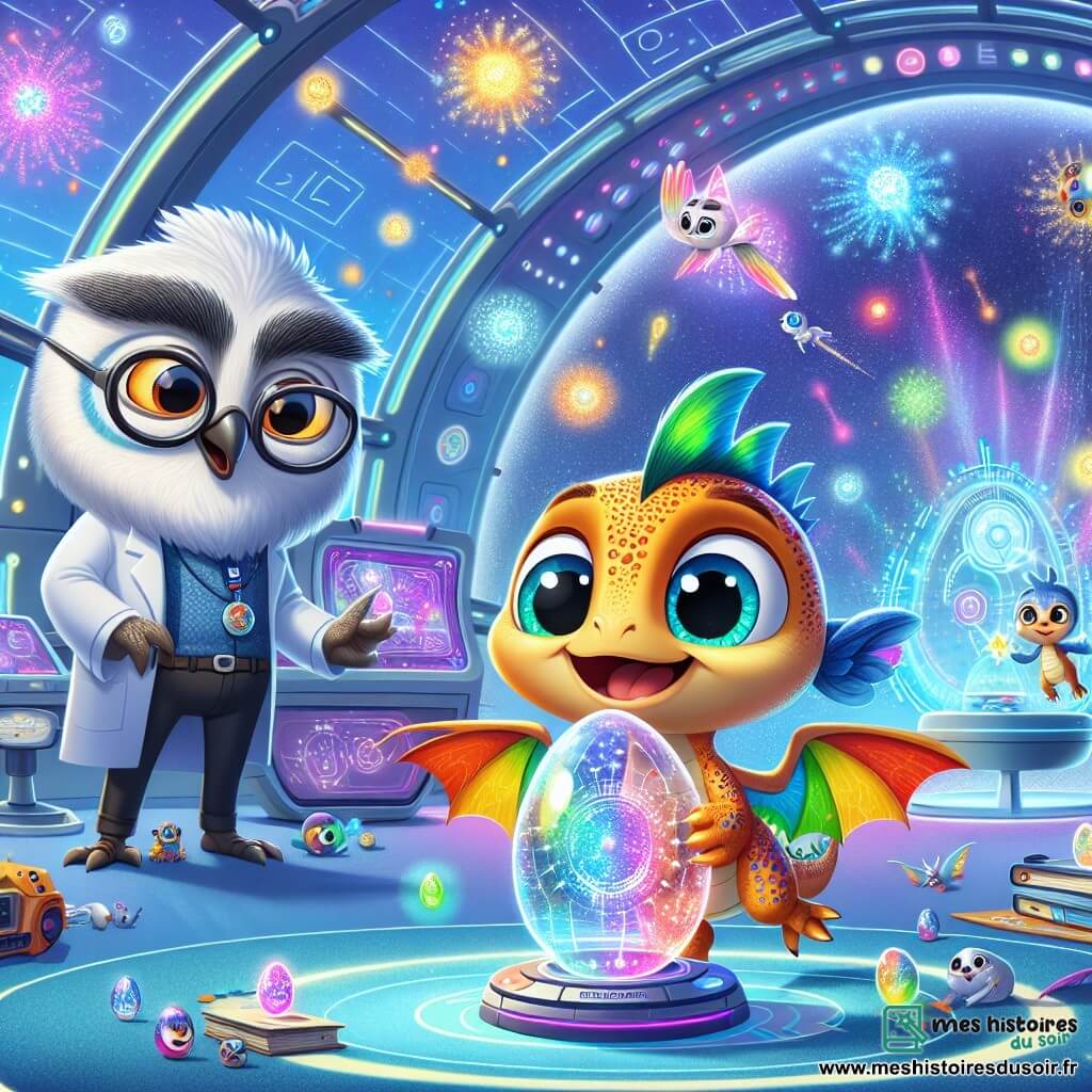 Flami, un petit dragon aux écailles brillantes changeant de couleur, se tient au centre de la scène, émerveillé et souriant. Ses ailes scintillent comme des arcs-en-ciel, entourées de petites étoiles lumineuses. À ses côtés, le Professeur Lumino, un hibou sage aux plumes argentées et lunettes rondes, l'observe avec fierté, tenant un gadget futuriste. Le décor est le laboratoire du Professeur, une bulle de verre au bord d'un lac scintillant, avec des machines bourdonnantes et des écrans projetant des galaxies lointaines. Flami découvre le Visio-Explorateur, une capsule en forme d'œuf, prêt à vivre une aventure incroyable à travers le temps, entouré de lumière et d'éléments futuristes symbolisant l'exploration et la magie de la découverte.