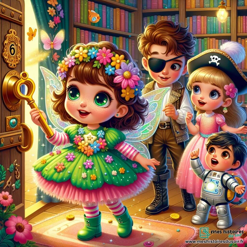 Lila, une petite fille de 6 ans aux cheveux bouclés bruns et aux yeux pétillants, porte une robe de fée verte et rose. Elle sourit en tenant une clé dorée devant une porte secrète dans une bibliothèque. À ses côtés, Tom, déguisé en pirate, regarde avec curiosité, tandis qu'Emma, en robe de princesse rose, s'approche. Hugo, en costume de robot argenté, pointe vers la porte. La bibliothèque, remplie de livres colorés et de coussins moelleux, crée une atmosphère magique. Lila et ses amis découvrent un trésor caché, une aventure joyeuse et colorée.