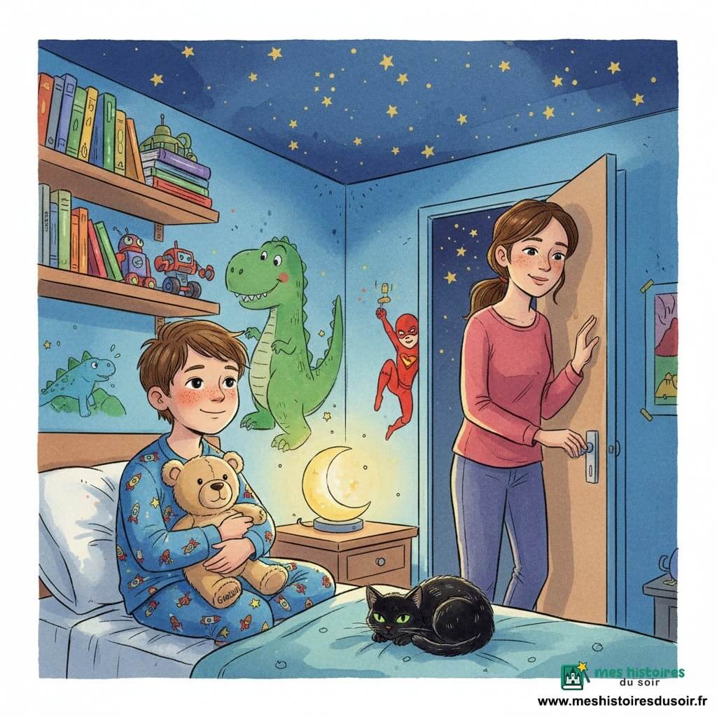Garçon de 10 ans calme et souriant aux joues rosées, cheveux châtain courts, assis au bord du lit en pyjama bleu serrant un petit ours beige nommé Grizzly ; la mère (30–35 ans), silhouette douce et cheveux attachés, sourit depuis l’encadrement de la porte, main sur la poignée ; un petit chat noir lustré, aux yeux verts, est roulé en boule sur la couverture ; chambre aux murs bleu ciel avec une grande fresque d’un dinosaure vert souriant et d’un super-héros rouge en vol, étagères en bois avec livres et jouets, veilleuse en forme de lune projetant des étoiles dorées ; lumière chaude et douce de la veilleuse, atmosphère sécurisante, composition centrée sur le garçon et sa peluche, touches texturées imitant l’encre pour les motifs du pyjama, le pelage du chat et les traits du mur.