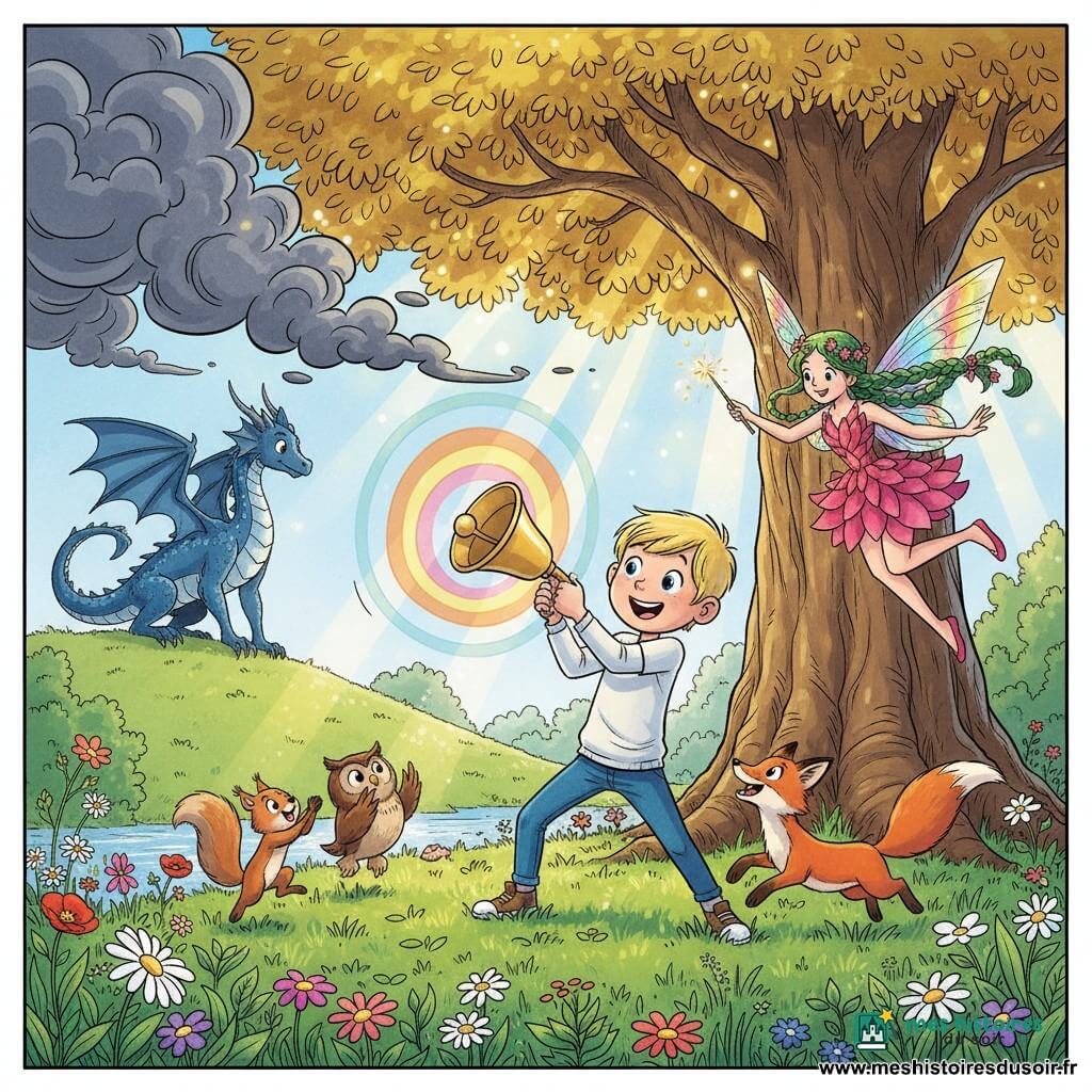 Garçon de 6 ans, visage rond, cheveux blonds courts, yeux brillants, joyeux; il sonne une grosse cloche dorée, jambes écartées sur l'herbe. Une fée jeune à peau claire, cheveux verts tressés, robe de pétales roses et ailes translucides vole près de son épaule en agitant une baguette qui lance des étincelles dorées. Au loin, un grand dragon bleu nuit aux reflets argentés, ailes repliées, veille depuis une colline. Autour du garçon, un écureuil, un hibou et un renard rassemblés, joyeux. Clairière herbeuse fleurie avec un grand arbre aux feuilles dorées, un ruisseau scintillant et rayons de lumière; la cloche émet une onde lumineuse qui dissipe un nuage sombre, ambiance chaleureuse et magique, composition centrée sur le garçon et la fée.
