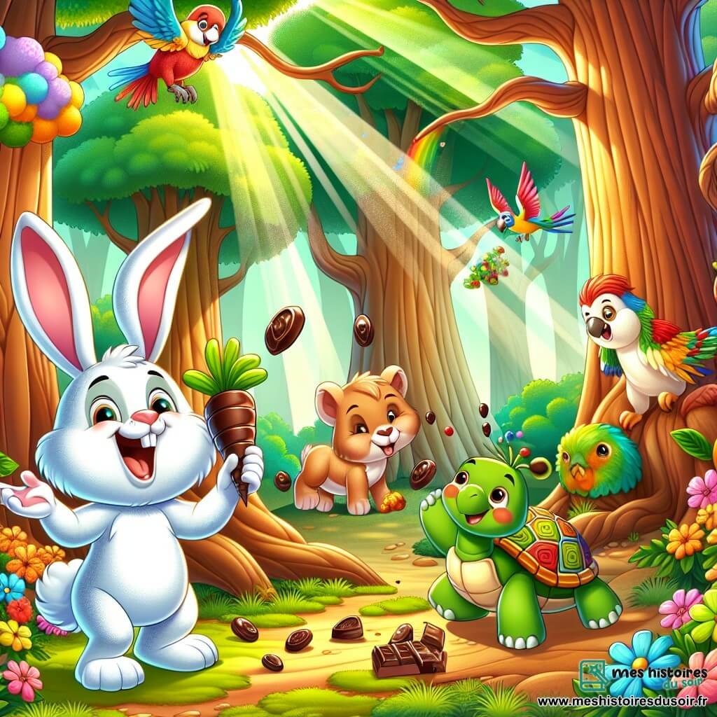 Illustration d'un lapin joyeux avec de grandes oreilles et un pelage blanc, riant tout en tenant une carotte en chocolat. À côté, un lionceau curieux avec une crinière naissante regarde avec émerveillement. Plus loin, une tortue malicieuse, se déplaçant lentement avec une carapace colorée, semble réfléchir à une invention. Un perroquet coloré, perché sur une branche, imite des bruits d'animaux. La scène se déroule dans une forêt enchantée, avec des arbres majestueux et des fleurs colorées, créant une ambiance joyeuse. Les amis participent à un défi amusant, entourés d'inventions farfelues, tandis qu'un nuage de chocolat flotte autour d'eux, ajoutant magie et comédie. Des friandises sont éparpillées, créant une atmosphère de joie et de camaraderie.