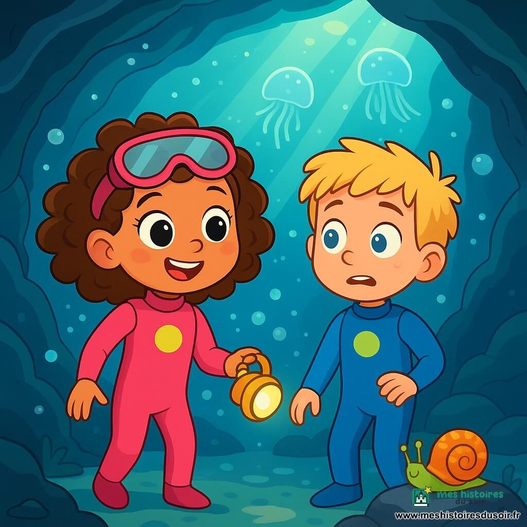 Lila, une fille de 6 ans aux grands yeux brillants et aux cheveux bouclés, porte une combinaison de plongée rose et sourit en tenant une petite lampe étanche, tandis qu'elle explore une grotte sous-marine. À ses côtés, Téo, un garçon de 7 ans aux cheveux blonds et en combinaison de plongée bleue, observe la grotte avec excitation et nervosité. La scène se déroule dans une grotte où des rayons de lumière illuminent des parois rocheuses et des méduses flottantes, créant une ambiance magique. Ils se trouvent dans une petite salle d'eau, entourés de bulles d'air, tandis qu'un escargot de mer coloré ajoute une touche de vie à ce paysage enchanteur.
