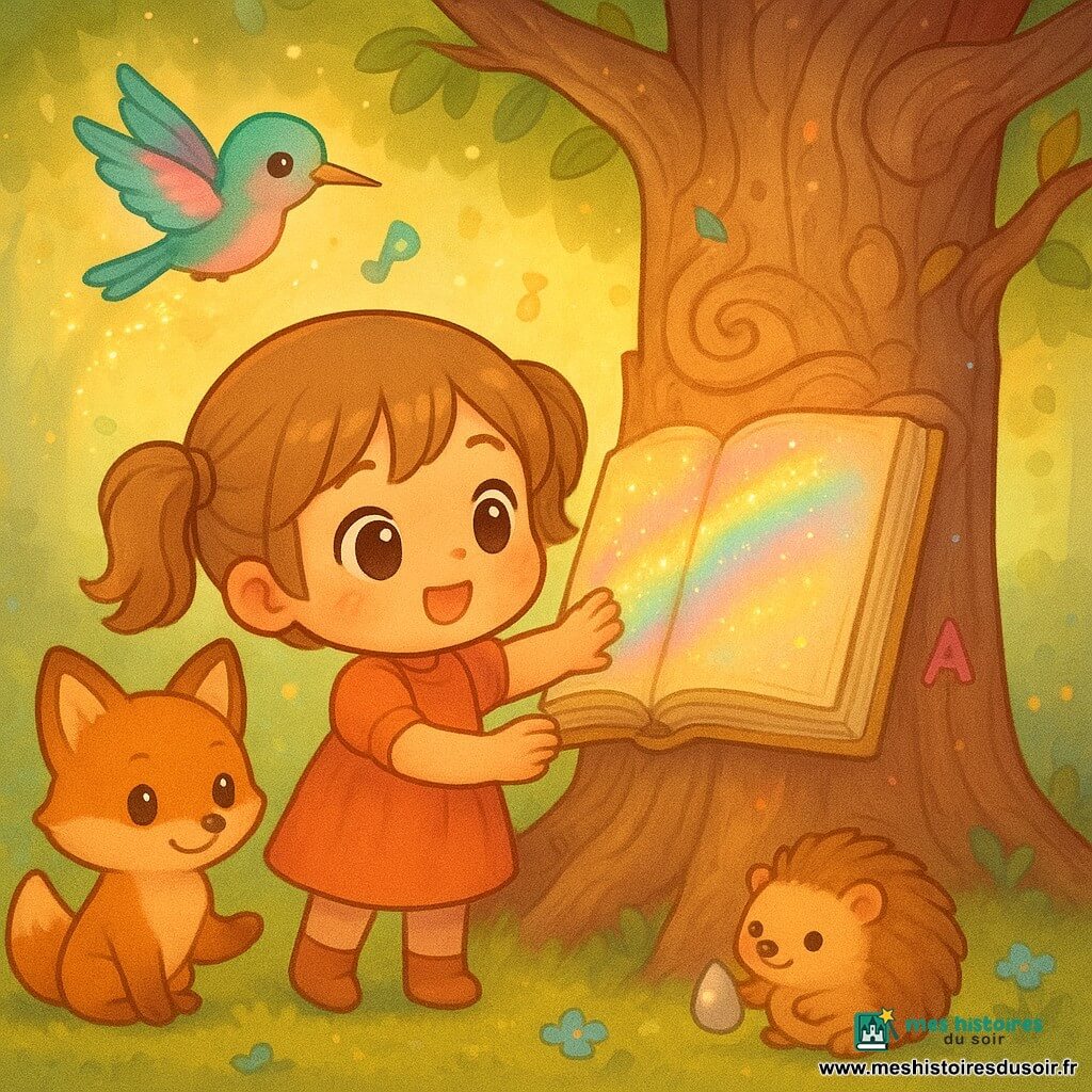 Fillette de six ans au visage rond et joues rosies, cheveux châtain clair en couettes, visage courageux et émerveillé, pose délicatement une page brillante aux reflets arc‑en‑ciel sur le tronc d'un immense Arbre‑livre au centre dont l'écorce ressemble à des pages et dont les branches s'enroulent en spirales, pages partiellement recousues scintillant de dorure et petites lettres colorées flottant dans l'air ; un hérisson rond au pelage caramel roule près d'elle en tenant une goutte de sève argentée, un renard roux aux yeux sages se tient à gauche, patte levée, et un minuscule colibri turquoise et rose vole au‑dessus en laissant une traînée de paillettes dorées ; la clairière tapissée de mousse et de fleurs bleues baigne dans une lumière chaude filtrée, et, au moment joyeux et réparateur où elle place la dernière page, la forêt retrouve ses couleurs et sa musique tandis que s'élèvent petites étincelles et papillons de lumière.
