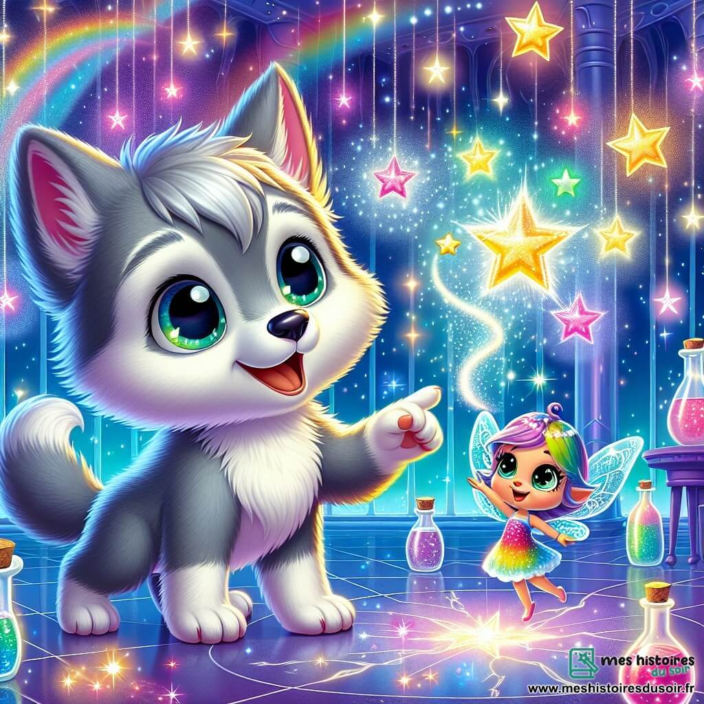 Un petit loup nommé Luna, aux poils gris et doux, avec de grands yeux brillants de curiosité, se tient au centre de la Salle des Étoiles. Il admire les étoiles scintillantes qui dansent autour de lui. À ses côtés, Inka, une petite fée aux ailes translucides et colorées, virevolte joyeusement, prête à aider. La Salle des Étoiles, vaste et avec des murs transparents, offre une vue spectaculaire sur l'univers, illuminé par des étoiles de différentes couleurs et des potions flottantes. Luna et Inka s'apprêtent à lancer une potion étincelante vers les étoiles pour restaurer leur éclat, remplis d'énergie et d'excitation.