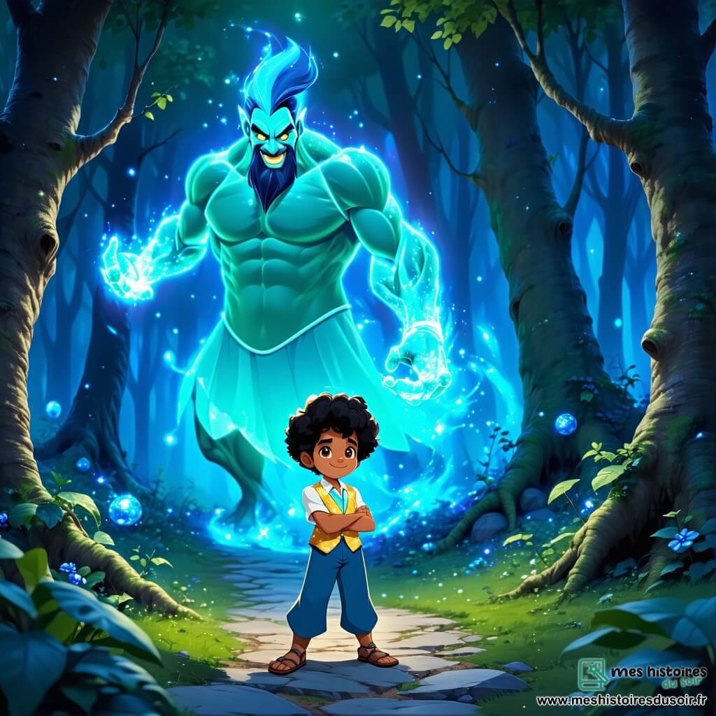 Aladdin, un garçon de dix ans aux cheveux noirs et bouclés, porte un pantalon bleu vif et un gilet doré scintillant. Son visage exprime curiosité et émerveillement devant un sentier mystérieux dans la forêt. À ses côtés, un génie flamboyant, grand et lumineux, avec une peau turquoise et des yeux pétillants, flotte dans les airs, les bras croisés, souriant. Le décor est une forêt magique avec des arbres noueux et des feuilles vert éclatant, parsemée de fleurs colorées. Des rayons de soleil percent le feuillage, créant des ombres dansantes. Aladdin hésite entre trois sentiers enchantés, chacun entouré de mystères, tandis que le génie lui explique l'importance de faire le bon choix pour sauver la forêt.