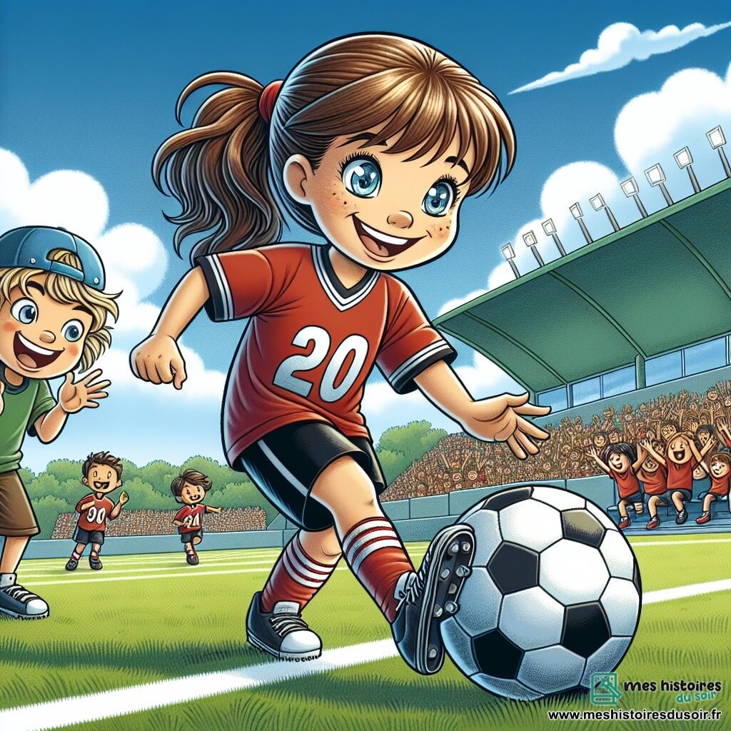 Julie, une fille de 10 ans, est au centre de l'image, souriante, avec des cheveux bruns en queue de cheval, dribblant le ballon avec agilité. À côté d'elle, Lucas, un garçon de 10 ans, applaudit et crie de joie, ses bras levés en signe d'encouragement. La scène se déroule sur un terrain de football verdoyant, entouré de spectateurs, sous un ciel bleu ensoleillé. Julie court avec le ballon, prête à marquer, tandis que Lucas l'encourage, créant une atmosphère de camaraderie et de passion pour le football.