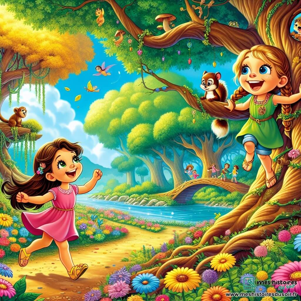 Dans une forêt magique, deux petites filles, Katie et Louise, vivent une aventure. Katie, 7 ans, a de longs cheveux bruns, des yeux pétillants, une robe rose et des sandales jaunes. Elle saute de joie près d'un grand arbre aux feuilles dorées. Louise, aussi âgée de 7 ans, a des cheveux blonds en tresses, des yeux bleus brillants, une tunique verte et un short en denim. Elle observe un petit écureuil sur une branche au-dessus d'elle. La forêt est peuplée d'arbres géants, de fleurs colorées, avec une rivière scintillante et un pont de feuilles. Au centre de l'illustration, les deux amies découvrent une porte secrète derrière un buisson, prêtes à entrer dans un monde magique, encouragées par des animaux amicaux comme un lion souriant et un écureuil curieux.