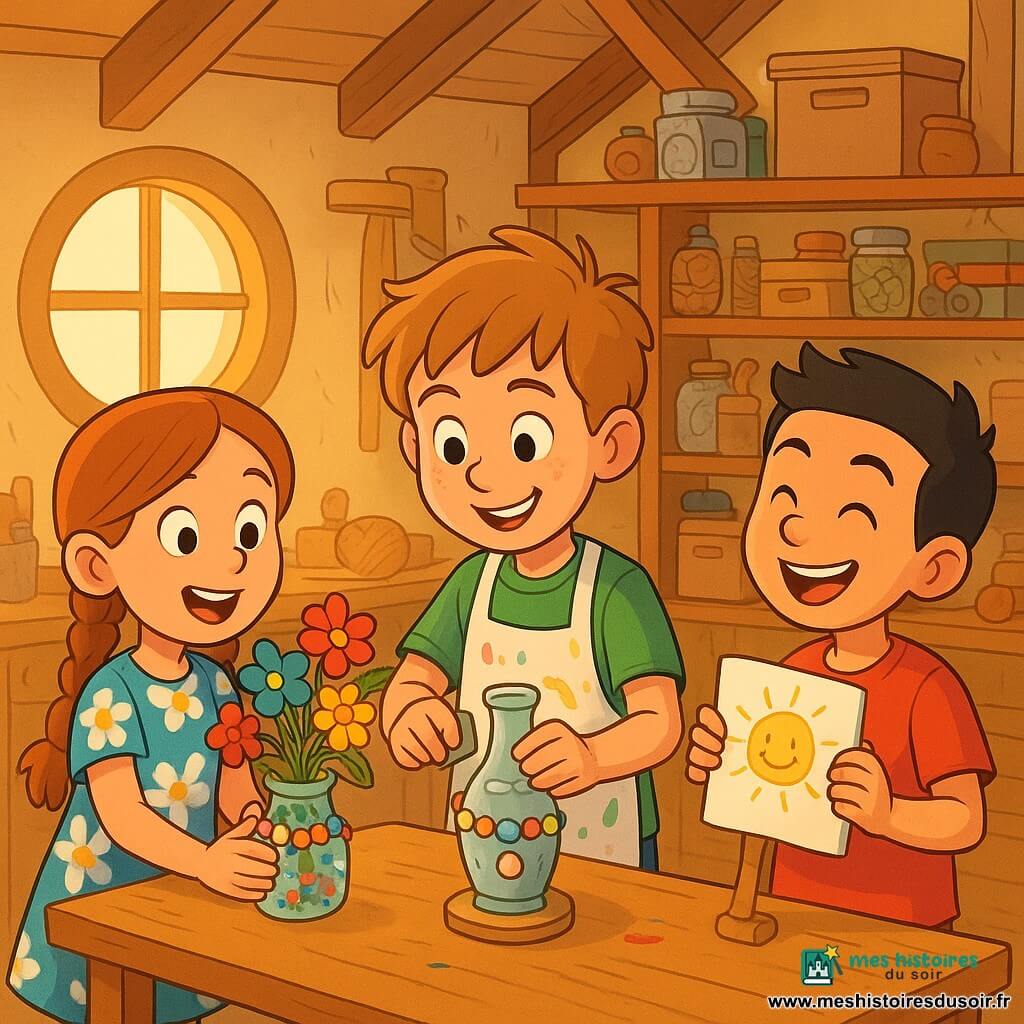Trois enfants d'environ 8–9 ans dans un atelier lumineux sous les combles : un garçon châtain clair, tablier taché de peinture, souriant et concentré, assemble un vase bricolé en tenant une petite éponge et un pot en verre décoré de perles ; Zoé, en robe à fleurs et cheveux tressés, émerveillée, place un bouquet coloré à gauche du garçon ; Léo, cheveux noirs en brosse, rit en montrant son porte-dessins bricolé posé à droite ; poutres apparentes, étagères pleines de boutons, ficelles et boîtes étiquetées, fenêtre ronde laissant une lumière dorée, ambiance chaleureuse, couleurs vives, esprit d'entraide et de découverte.