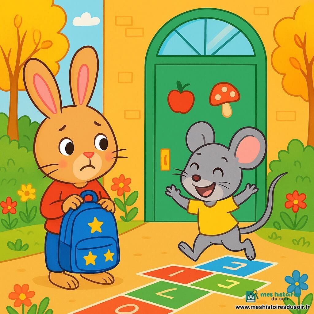 Lapinou, un petit lapin aux grandes oreilles et au pelage soyeux, se tient devant la porte de l'école, les yeux brillants d'excitation et d'appréhension, serrant son cartable bleu à étoiles jaunes. À côté, Souricette, une petite souris grise au sourire radieux, joue à la marelle avec joie. La porte de l'école, grande et verte, est décorée de dessins de pommes et de champignons, tandis que des fleurs multicolores bordent le chemin et que des arbres aux feuilles dorées dansent au vent. Lapinou hésite un instant, observant ses amis entrer en classe, prêt à surmonter sa peur et à découvrir l'école.