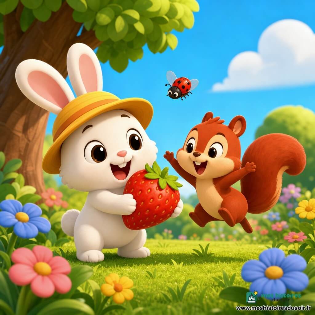 Petit Lapin, un lapin blanc au pelage doux portant un chapeau jaune, sourit en tenant une grosse fraise rouge; un écureuil roux à queue touffue rit et bondit près d'un arbre pendant qu'une coccinelle rouge à pois noirs vole au-dessus; le jardin ensoleillé, avec herbe verte, fleurs colorées, un arbre au tronc brun et des buissons sous un ciel bleu parsemé de nuages, dégage une ambiance chaleureuse et amicale.