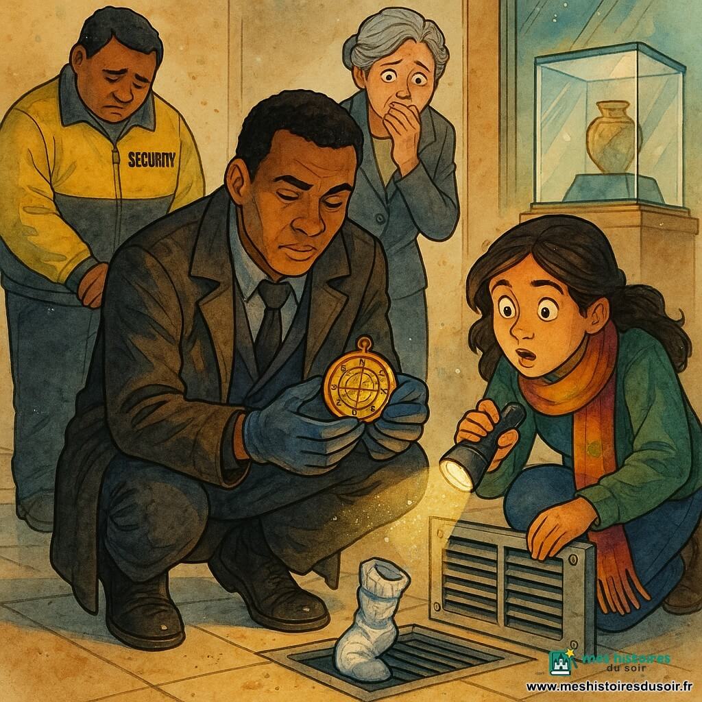 Hugo, détective au visage serein mais concentré, cheveux bruns courts, manteau sombre froissé, accroupi devant une chaussette coincée dans une grille d'aération, extrait délicatement le Médaillon des Cartographes avec des mains gantées; Madame Cazal, femme d'environ 55 ans aux cheveux gris en chignon et au tailleur sobre, se tient derrière lui, la main sur la bouche, surprise, près de la vitrine; Borel, agent de sécurité d'environ 35 ans à la carrure large et aux épaules voûtées, reste à gauche, les mains croisées et le regard honteux vers le sol; Lina, stagiaire d'environ 20 ans, écharpe longue colorée et yeux écarquillés, est accroupie à droite, tenant une lampe torche qui éclaire la chaussette et le médaillon; la scène se déroule dans la salle des Antiquités d'un musée, sol en pierre polie, vitrines à socles de velours bleu, éclairage ponctuel chaud et conduits d'aération métalliques poussiéreux; la découverte du médaillon, accentuée par les reflets métalliques, les ombres douces et la poussière en suspension, crée un suspense discret.