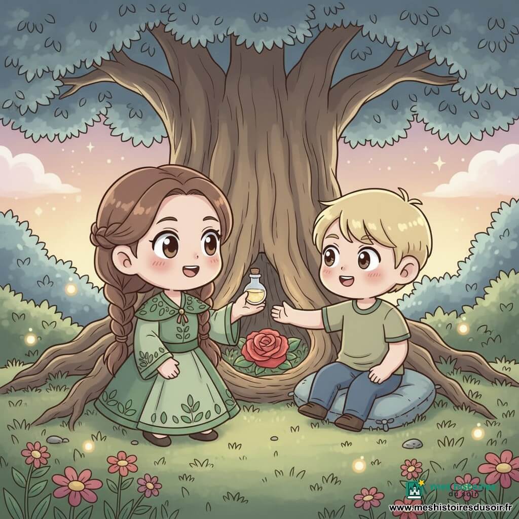 Elara, herboriste souriante aux cheveux bruns tressés et robe verte à motifs de feuilles, tend une petite fiole lumineuse à un garçon d’environ 8 ans, aux cheveux blonds courts et joues rosées, assis sur un coussin de mousse devant l’Imposant Arbre des Souhaits au tronc noueux et feuilles argentées; la clairière magique aux fleurs multicolores et lucioles au crépuscule baigne la scène d’une lumière douce et dorée, atmosphère tendre et apaisante, composition centrée, contours nets et couleurs vives adaptées aux enfants.