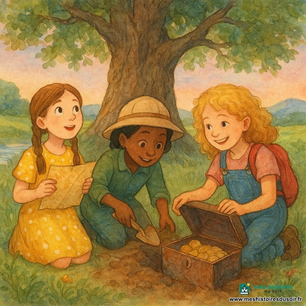 Trois fillettes (9 ans tresses châtain clair robe jaune à pois tenant une vieille carte à gauche, 8 ans cheveux noirs courts veste verte chapeau beige au centre creusant près d'une boîte métallique rouillée, 9 ans cheveux blonds bouclés salopette jean sac à dos rouge à droite tirant le couvercle et montrant des pièces anciennes) découvrent un trésor au pied d’un grand chêne ancien aux racines visibles, herbe haute et fleurs sauvages, rivière à gauche et collines à l’horizon, lumière douce de fin d’après-midi; boîte ouverte avec journal poussiéreux et pièces brillantes, terre remuée, éclats de rire; aquarelle granuleuse aux couleurs chaudes, textures papier, contours doux et détails d’expression nets.