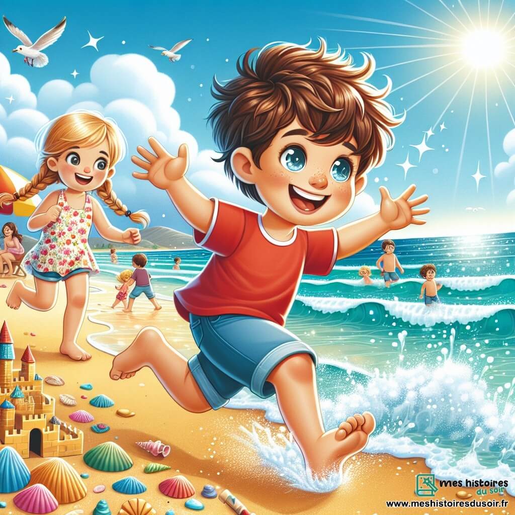Un garçon de 8 ans, Jules, avec des cheveux bruns en bataille et des yeux pétillants, porte un t-shirt rouge et un short bleu. Il court sur la plage, les pieds dans l'eau turquoise, souriant largement. À ses côtés, sa sœur de 6 ans, avec des cheveux blonds tressés et un maillot de bain à fleurs, construit un château de sable. En arrière-plan, une mer scintillante sous le soleil, avec des parasols colorés et des familles qui s'amusent. Jules et sa sœur profitent d'une journée ensoleillée à la plage, riant et jouant ensemble.