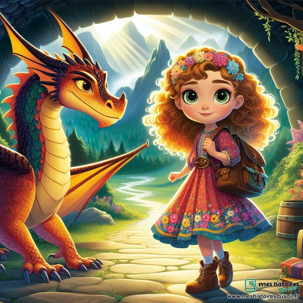 Au premier plan, Lila, une petite fille de 7 ans aux cheveux bouclés couleur miel et aux yeux pétillants, se tient avec un sourire déterminé, portant une robe colorée et un petit sac à dos rempli de provisions. À ses côtés, Flammèche, un grand dragon aux écailles brillantes et aux ailes majestueuses, la regarde avec admiration, prêt à l'accompagner. Ils se trouvent à l'entrée d'une caverne sombre, entourée de montagnes et de forêts, où la lumière du soleil éclaire le chemin sinueux. Lila et Flammèche se préparent à entrer dans la caverne des Ombres pour affronter un sorcier et récupérer une épée magique, Lila affichant courage et détermination.