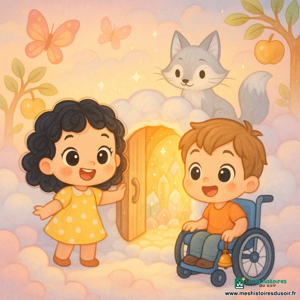 Trois personnages sur une colline de nuages : Lina, 4 ans, petite fille aux boucles noires en robe jaune à pois blancs, debout à gauche, souriante, tend la main vers une porte ronde de nuage ; Malo, 4 ans, garçon en fauteuil roulant à droite, veste bleue, cheveux châtain clair, les mains sur ses roues, regard ravi, petite cloche accrochée à son sac ; Lune-Rousse, renard argenté, assis derrière eux, regard malicieux, queue battant doucement. Ils ouvrent doucement la porte ronde sculptée dans un nuage menant à une petite grotte lumineuse aux pierres translucides ; ambiance chaleureuse et magique, rayons dorés et étincelles, ciel pastel avec papillons et arbres aux pommes dorées, composition centrée sur la porte ouverte et les trois personnages émerveillés.