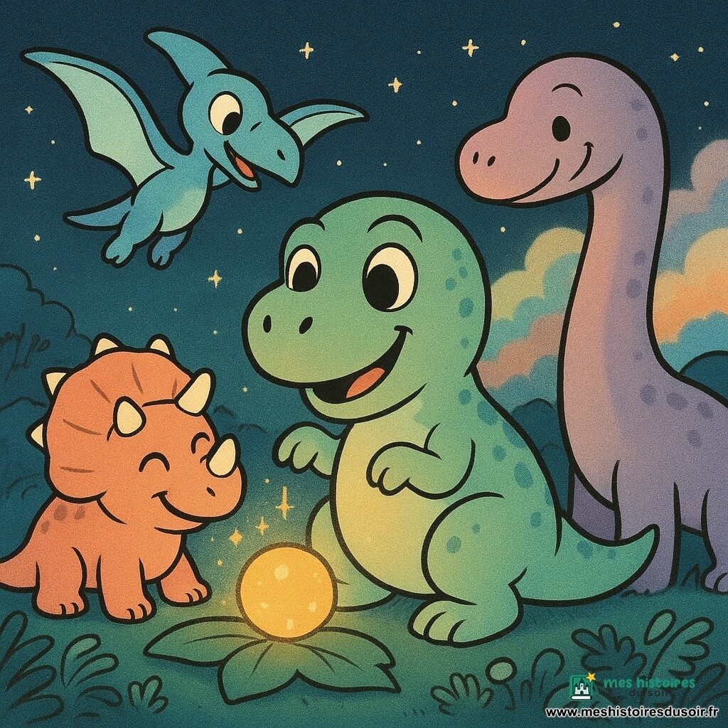 Un T‑Rex rond et câlin vert menthe aux grands yeux émerveillés, une tricératops corail souriante à sa gauche, un ptérodactyle bleu clair volant bas et un diplodocus lavande soufflant une brume arc‑en‑ciel entourent en cercle une petite perle d’or flottant au‑dessus d’une feuille brillante dans une prairie nocturne aux fougères et fleurs rondes, pont de pierre arrondi et ciel étoilé, ambiance chaleureuse aux couleurs pastel et style cartoon rétro.