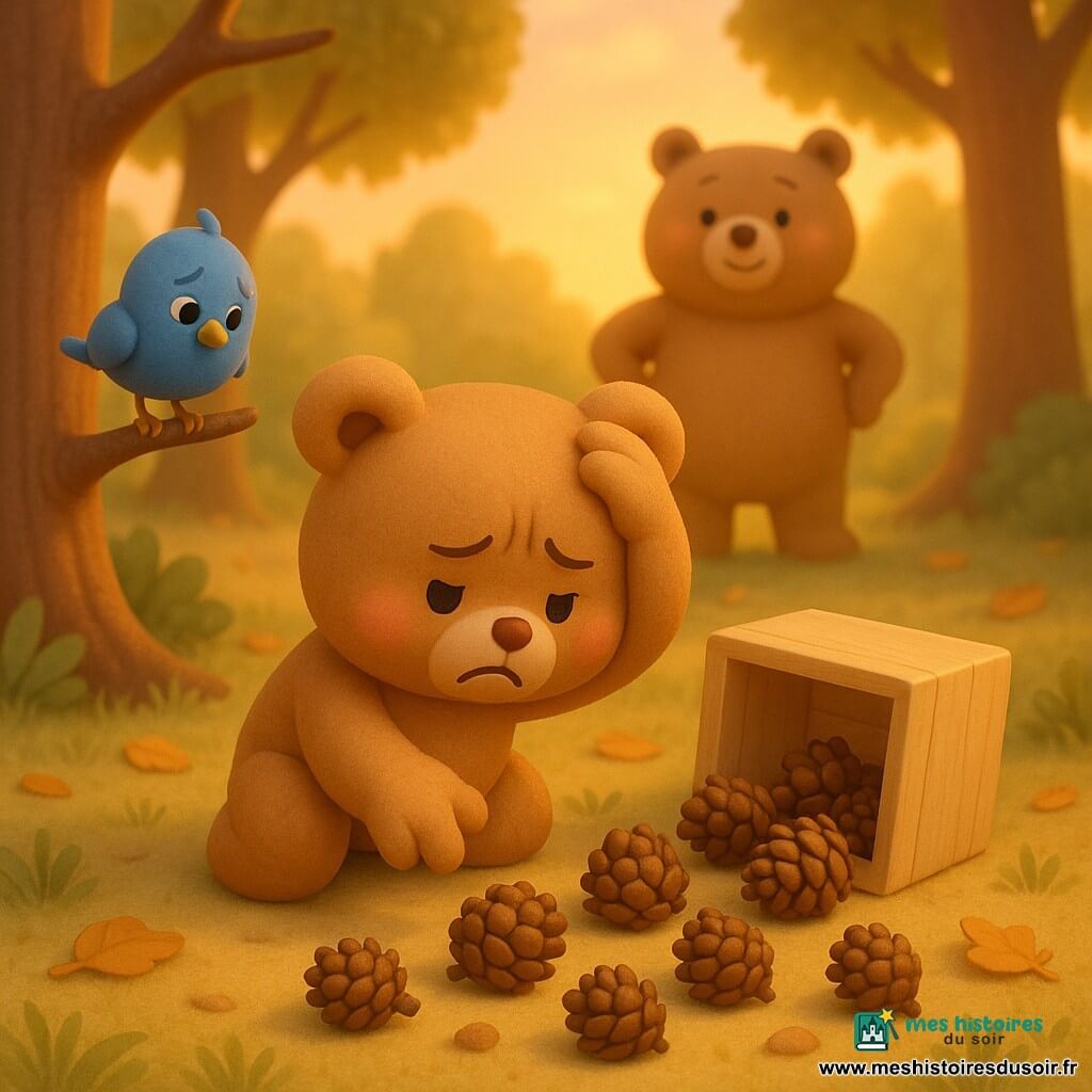 Petit Ours, un ourson en peluche brun clair aux joues rosées, accroupi et contrarié, a une patte sur la tête et l’autre tendue vers des pommes de pin éparpillées près d’une petite boîte en bois renversée; un oiseau bleu inquiet observe depuis une branche basse à gauche, et en arrière-plan une maman Ours ronde et souriante, mains sur les hanches, veille à la lisière d’une clairière baignée de lumière dorée de coucher, herbe courte et feuilles tombées — scène de petite catastrophe non menaçante, ambiance de surprise pouvant se transformer en réconfort.