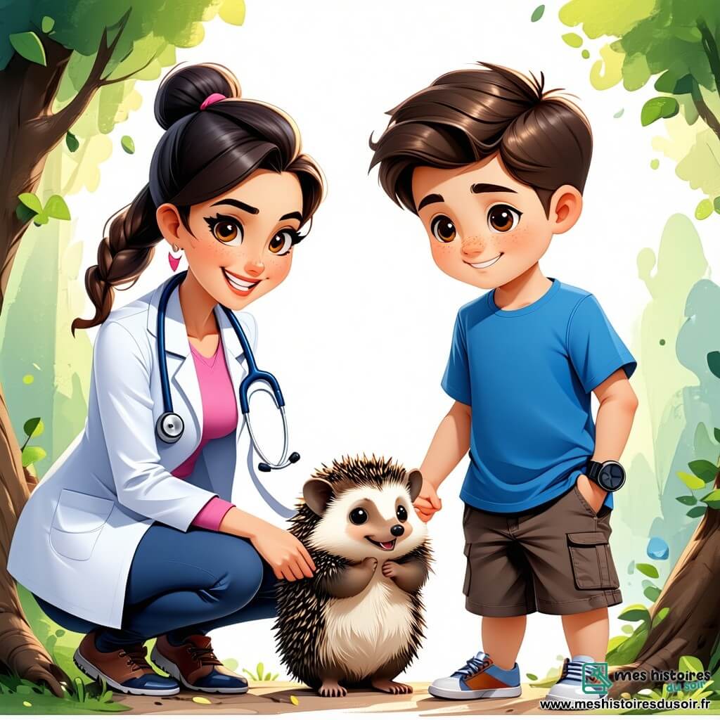 Dr Zoé, vétérinaire souriante en blouse blanche et stéthoscope, s'agenouille près d'un hérisson blessé. Lou, un garçon de 10 ans aux cheveux bruns et en t-shirt bleu, l'observe avec curiosité. La scène se déroule dans un parc verdoyant, sous un soleil éclatant. Dr Zoé examine le hérisson avec douceur, prête à lui apporter des soins.
