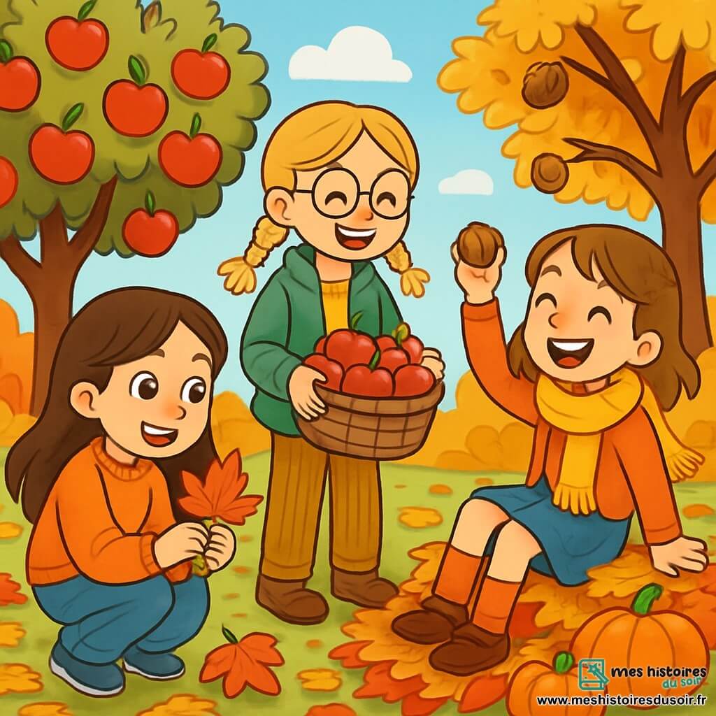 Il y a trois personnages : Léa, une fille de 10 ans avec de longs cheveux bruns, portant un pull orange et un jean, accroupie avec une feuille d'érable rouge ; Zoé, également âgée de 10 ans, avec des cheveux blonds en tresses et des lunettes rondes, souriante en ramassant des pommes dans un panier ; et Inès, une fille châtaine avec des taches de rousseur, assise sur une pile de feuilles, riant avec une noix. L'action se déroule dans un jardin automnal avec des pommiers chargés de fruits rouges et des noyers aux feuilles dorées, le sol couvert de feuilles colorées et un ciel bleu clair. Les trois amies s'amusent en cueillant des pommes et des noix, profitant de la beauté de l'automne.