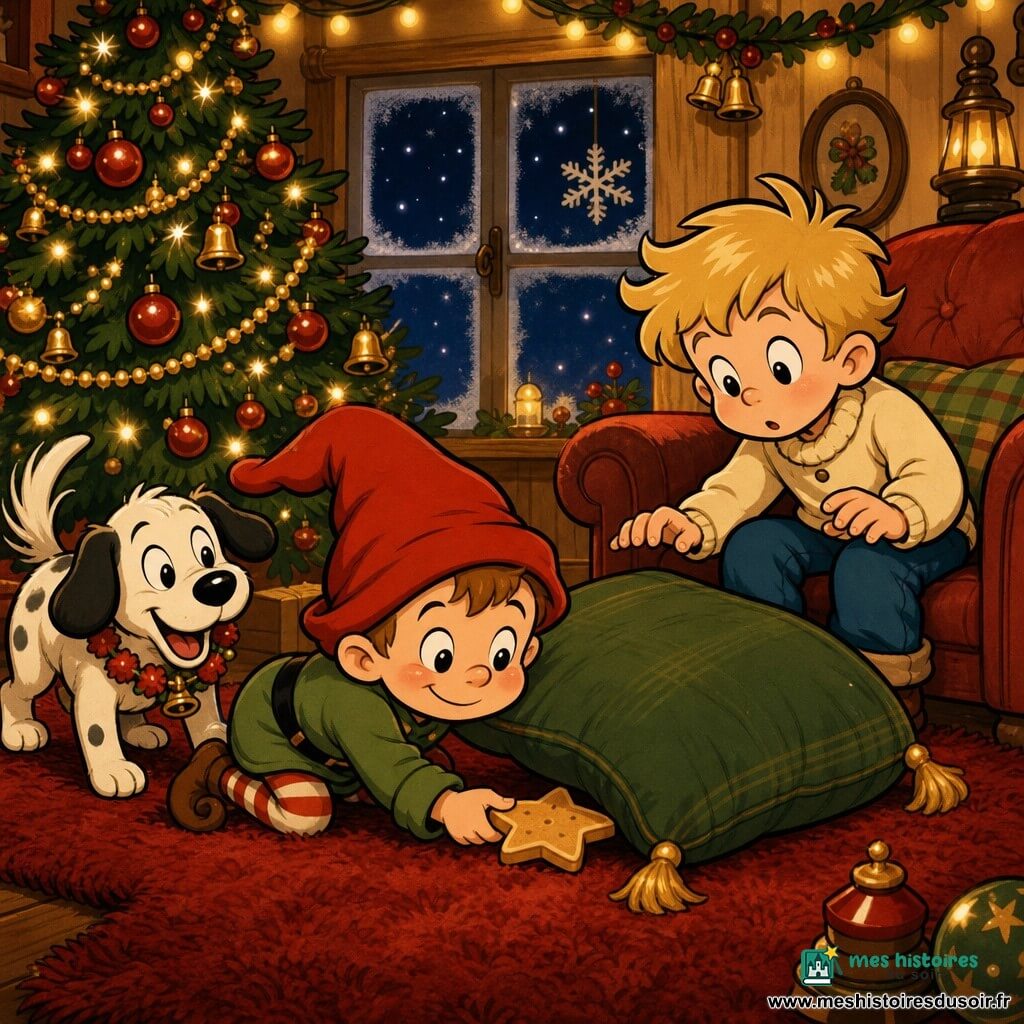Un petit lutin de 2 ans au visage rond et bonnet rouge trop grand glisse un biscuit en forme d’étoile sous un coussin vert; Jules, 4 ans, cheveux blonds en bataille, assis à droite sur le canapé, le regarde, prêt à soulever le coussin; à gauche, un chien blanc tacheté avec une guirlande rouge remue la queue; en arrière-plan, un grand sapin décoré de boules rouges, guirlandes dorées et lumières; salon cosy avec tapis rouge, murs en bois clair et fenêtre givrée montrant la nuit étoilée; ambiance douce et espiègle, lumière chaude, couleurs saturées et style cartoon rétro.