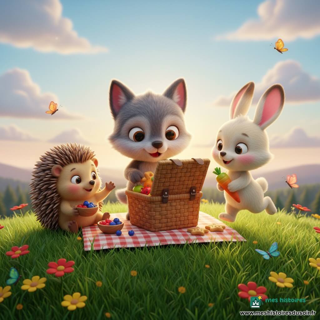 Petit loup gris au pelage doux, yeux ronds brillants et petites dents visibles, assis sur une couverture à carreaux en ouvrant un panier de pique-nique, à côté de la lapine Lila blanche crème aux grandes oreilles roses tenant une carotte et sautillant à droite, et du hérisson Toto rond aux piquants marron partageant des baies à gauche, au sommet d'une colline herbeuse fleurie avec quelques papillons et vue sur une forêt sous un ciel bleu cotonneux, ambiance coucher de soleil doré, amicale, style figurines 3D pelucheuses aux couleurs vives et ombres douces.