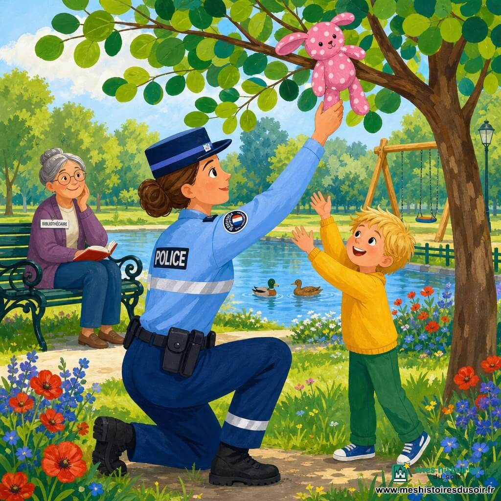 Une policière souriante et bienveillante en uniforme bleu clair (képi, bande réfléchissante), visage rond, cheveux bruns en chignon, s'agenouille pour tendre la main et récupérer un doudou rose à pois accroché à une branche; à côté d'elle, Léo, environ 7 ans, cheveux blonds en bataille, pantalon vert et pull jaune, visage soulagé et joyeux, regarde le doudou les mains levées; en arrière-plan à gauche, une bibliothécaire aux cheveux gris attachés, assise sur un banc, sourit; parc lumineux au bord d'un petit étang avec herbe verte, fleurs rouges et bleues, balançoires en bois et bancs en fer forgé; ambiance matinale douce, couleurs vives et traits simples et arrondis adaptés aux enfants.