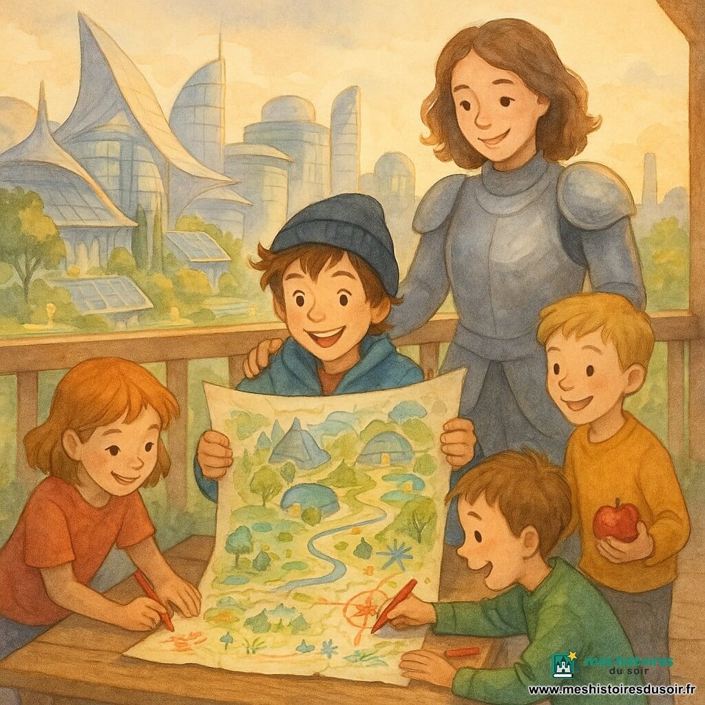Un garçon de 10 ans, cheveux bruns en bataille sous un bonnet, veste bleue, est assis sur une terrasse en bois recyclé en train de présenter une grande carte dessinée à la main; à sa droite, une gardienne de nuit en combinaison argentée, sourire bienveillant, lui pose la main sur l'épaule; trois enfants (deux garçons et une fille, 8–11 ans) ajoutent des croquis et annotations autour de la carte; la terrasse surplombe la Cité des Vents aux toits en voiles, bâtiments futuristes, jardins suspendus et panneaux solaires; fin d'après-midi doré, lumière chaude, ambiance collaborative.