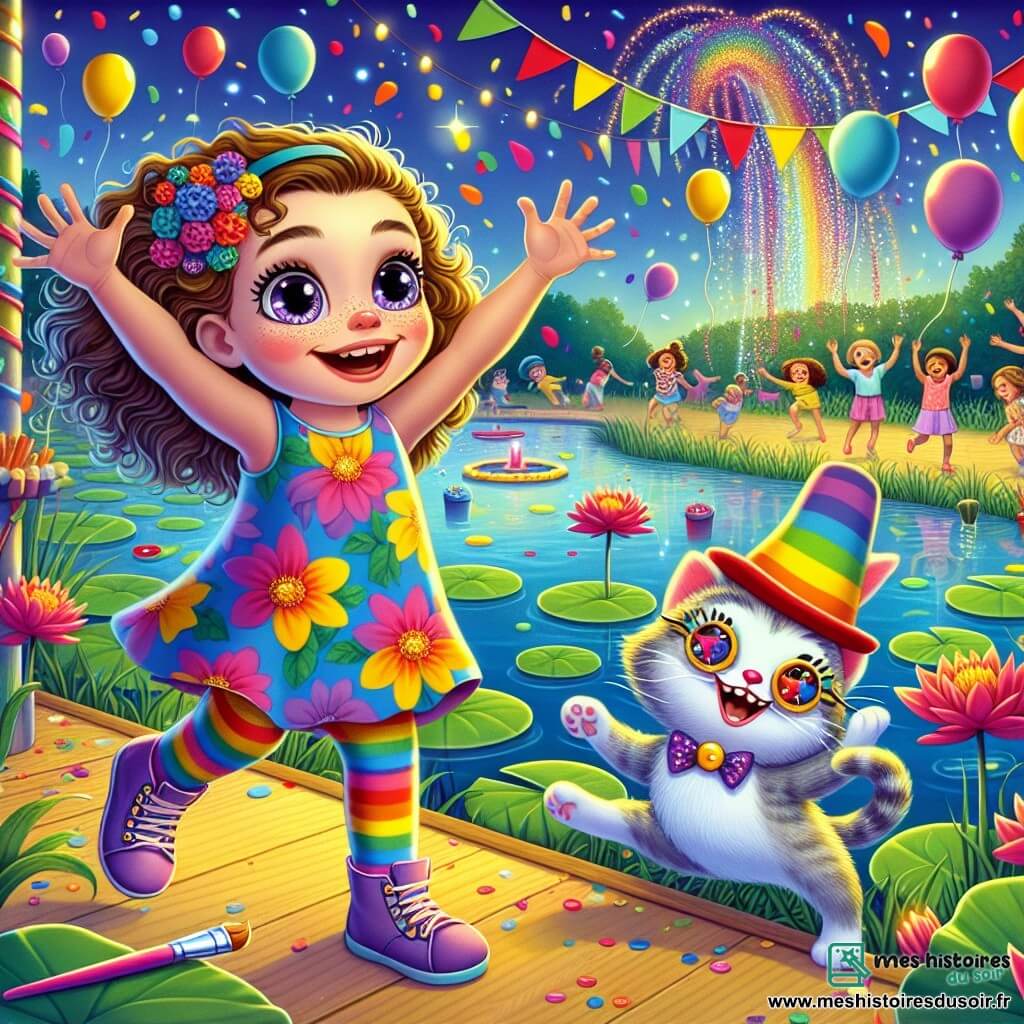 Lila, une petite fille de 5 ans aux grands yeux pétillants et aux cheveux bouclés, est au centre de l'image, vêtue d'une robe colorée à motifs floraux, levant les bras avec excitation. À ses côtés, un chat clown, portant un chapeau coloré et des lunettes de soleil, fait des pirouettes en riant. En arrière-plan, une chaussette magique aux yeux en boutons danse joyeusement sur des nénuphars au bord d'un lac. La scène est festive, avec des ballons, des enfants peignant des arcs-en-ciel, et des confettis multicolores, créant une atmosphère de bonheur et d'amitié autour de Lila et du Chat Clown découvrant la chaussette magique.