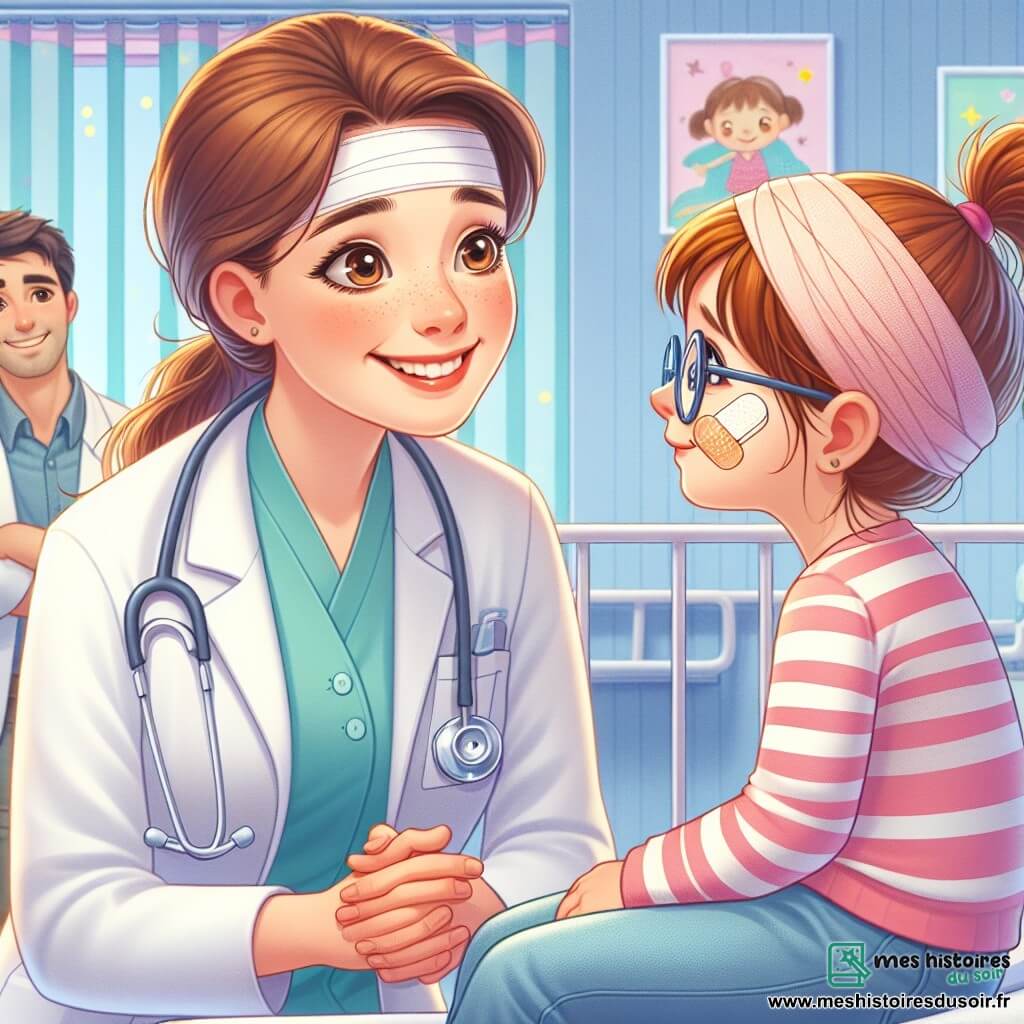 Une femme médecin, Dr. Émilie Moreau, souriante et bienveillante, est au centre de l'image, portant une blouse blanche et un stéthoscope. Elle s'accroupit pour parler à Camille, une petite fille de 8 ans avec des lunettes et un bandage sur le front, assise sur une civière et la regardant avec admiration. À côté, le père de Camille, souriant et soulagé, observe la scène avec fierté. La scène se déroule dans une salle d'urgence lumineuse, aux murs pastel et décorée de dessins d'enfants, créant une atmosphère chaleureuse. Dr. Émilie rassure Camille après un petit accident de vélo, expliquant avec douceur les soins à lui apporter.