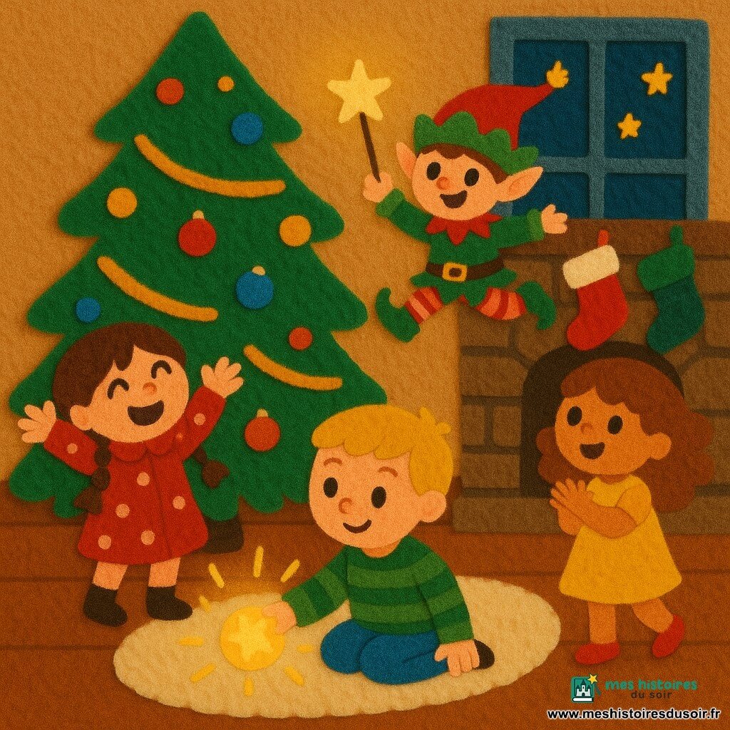 Quatre personnages dans un salon cosy : Léa (6 ans) aux deux tresses et manteau rouge à pois, à gauche du sapin levant les bras ; Tom (7 ans) cheveux blonds, pull vert rayé, assis devant le tapis au centre tend la main vers un biscuit lumineux ; Mia (5 ans) cheveux bouclés, robe jaune, à droite du sapin qui applaudit ; le Lutin Farceur en costume vert et rouge, chapeau à clochettes, sautant sur une branche en agitant une baguette brillante. Grand sapin décoré de guirlandes dorées et boules multicolores, tapis crème, cheminée en pierre avec chaussettes, lumière douce et étoiles par la fenêtre givrée. Les boules dansent sur le sapin et les biscuits se transforment en petits soleils lumineux ; les enfants rient et applaudissent dans une scène dynamique aux couleurs vives et textures feutrées.