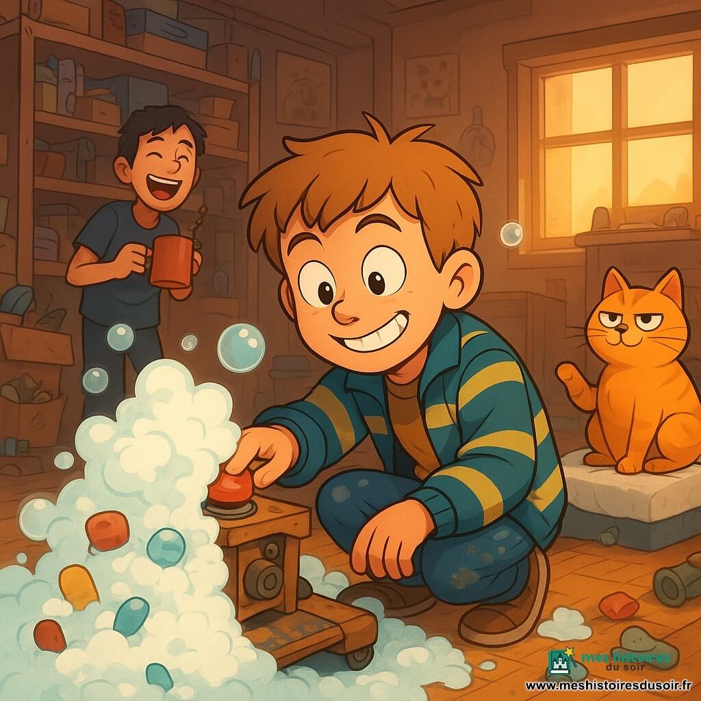 Malo, visage rond, cheveux châtain clair en bataille, grands yeux brillants et sourire nerveux mais fier, porte une veste rayée trop grande et des jeans tachés de peinture; accroupi près d’une machine en bois, il appuie sur un gros bouton rouge tandis qu’une avalanche de mousse blanche onctueuse envahit le sol, flottant avec bouchons, bocaux et une chaussette; Hugo, ~12 ans, cheveux courts noirs et expression hilare, rit en arrière-plan à gauche en tenant une tasse de cacao renversée près d’un petit tas d’objets à recycler; au centre, le chat roux Biscotte, rond et royal, est assis sur un coussin de mousse blanche, patte levée et regard moqueur; lieu : chambre-labo transformée en atelier, sol en parquet usé, étagères pleines d’outils et boîtes, posters griffonnés, lumière chaude de fin d’après-midi; style : couleurs vives et contrastées, bois grainé et métal légèrement rouillé, bullettes de savon détaillées, ombres douces en cel-shading, composition en légère plongée centrée sur Malo et la mousse.