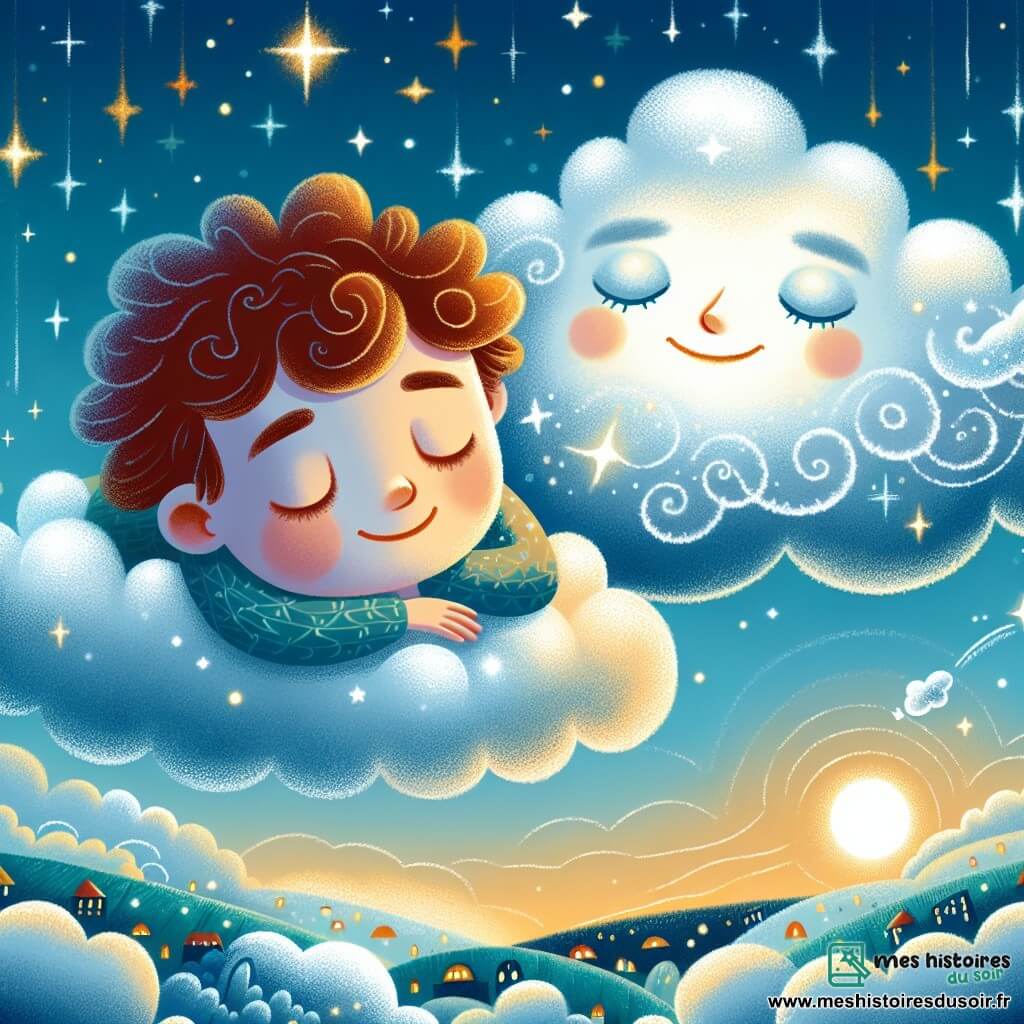 Un garçon de 12 ans, aux cheveux châtains et bouclés, est allongé sur un nuage moelleux, son visage serein et souriant, les yeux fermés. À côté de lui, un nuage plus petit, gris-argenté et amical, murmure des mots doux. Le ciel est bleu, parsemé d'étoiles et d'une lune éclatante, créant une atmosphère paisible. En dessous, la terre s'étend avec des maisons endormies et des champs dorés. Le garçon se laisse porter par une vague de bien-être, tandis que le Nuage Chuchoteur lui murmure des mots apaisants, l'invitant à se détendre et à plonger dans un sommeil réparateur.
