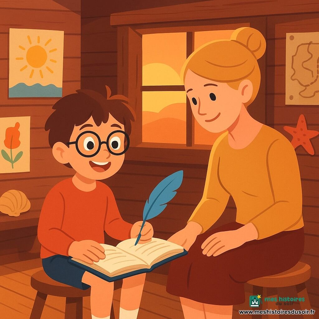 Léo, un garçon de 8 ans avec des lunettes rondes et des cheveux bruns ébouriffés, est assis dans une cabane en bois, curieux. Il tient une plume bleue et un carnet ouvert, souriant émerveillé. Sa maman, une femme d'une trentaine d'années avec des cheveux blonds en chignon, regarde le carnet avec tendresse, assise sur un tabouret en bois. La cabane est décorée de dessins colorés, de coquillages et de cartes anciennes. La lumière du soleil couchant entre par la fenêtre, créant une ambiance chaleureuse. Léo découvre un trésor de souvenirs et d'histoires, entouré de l'amour et de la complicité de sa maman.