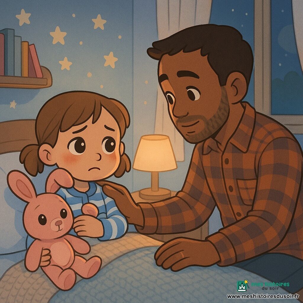 Fille de 4 ans aux grands yeux, expression à la fois inquiète et rassurée, cheveux châtain clair en couettes, pyjama rayé bleu et blanc, serrant une peluche lapin rose (Lapinou) aux yeux brodés et oreilles tombantes, assise sous une couverture en tricot ; papa d’environ 35 ans, visage doux avec barbe légère, chemise à carreaux, agenouillé au bord du lit, main sur l’épaule, regard apaisant ; chambre d’enfant la nuit, murs pastel avec étoiles phosphorescentes, fenêtre entrouverte et rideau mouvant, lampe de chevet chaude, étagères avec livres et boîte à musique ; ambiance douce et sécurisante, contrastes de lumières chaudes et bleutées, traits arrondis, palette tendre (bleus, roses, beige), style bande dessinée simple et chaleureux.
