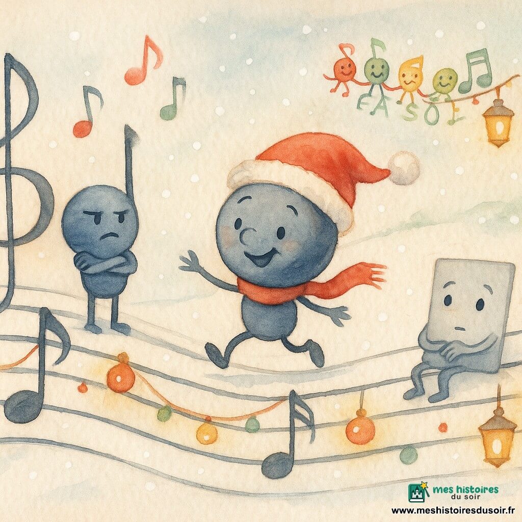 Personnage principal DO anthropomorphe, tête de note ronde avec hampe, jovial et timide, petite écharpe rouge et bonnet de Père Noël, souriant et gambadant sur une portée entre clé de sol et clé de fa; LA est une note allongée bleu foncé, sévère mais inquiète, bras croisés à gauche du DO sur la portée de la clé de fa; PAUSE est un symbole gris clair aux yeux doux et mains, hésitant mais curieux, assis à droite du DO; petites notes secondaires colorées (rouge, vert, jaune) forment une ronde joyeuse en arrière-plan tenant des mini-guirlandes; décor : grande partition paysage avec portées noires ondulées, neige légère tombant, guirlandes, boules de Noël et lanternes chaudes; scène festive montrant les notes formant une nouvelle petite portée appelée clé de FASOL, ambiance aquarelle douce, traits fins, palette pastel avec touches rouges et or.