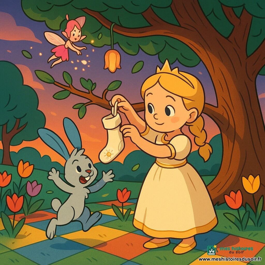 La princesse Éloïse, environ 8 ans, visage rond, cheveux blonds tressés, porte une robe crème bordée d'or et, d'un geste doux et résolu, accroche une chaussette blanche brodée d'un petit soleil à une branche basse ; Coquelin, un lapin gris clair aux longues oreilles bleues, gambade à gauche en essayant d'attraper la chaussette, espiègle, tandis que Mirabelle, une minuscule fée aux cheveux roses et ailes translucides, tient une pluie de pétales lumineux près de la branche ; l'Arbre des Promesses, à l'écorce texturée et aux larges branches courbées, domine la scène, entouré d'un jardin damier aux cases colorées et rangées de tulipes dansantes ; le vent soulève robe et pétales en rubans, créant un mouvement joyeux au crépuscule, couleurs saturées et ombres douces en cel-shading, composition centrée sur l'accrochage de la chaussette.