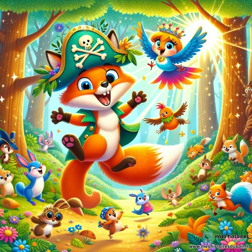 Un renard nommé Félix, au pelage orange vif et à la queue touffue, saute de joie avec un grand sourire, portant un chapeau de pirate en feuilles et fleurs. À ses côtés, un petit oiseau nommé Lili, aux plumes bleues éclatantes et aux yeux pétillants, virevolte avec un chapeau de princesse orné de fleurs. La scène se déroule dans une forêt enchantée, avec des arbres majestueux et des fleurs multicolores au sol, créant une atmosphère joyeuse et magique. Félix et Lili sont entourés d'autres animaux amusants, comme un lapin avec un chapeau de saucisse et un écureuil avec un chapeau en noix, tous riant ensemble. Ils organisent une course de chapeaux hilarante, pleine de rires et de surprises.