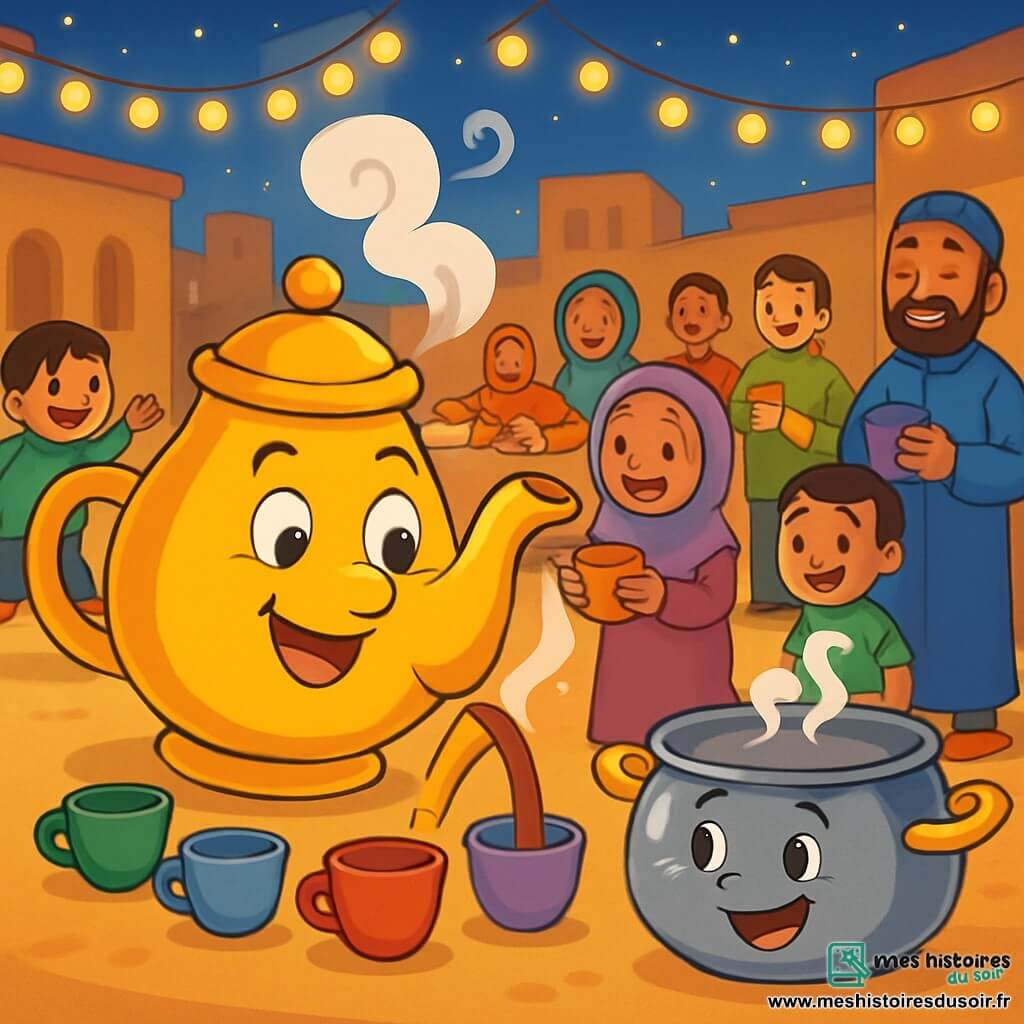 Timi, une théière souriante aux yeux pétillants et au bec en forme de sourire, verse un thé parfumé dans des tasses colorées. Elle est joyeuse, avec de la vapeur s'échappant de son couvercle. À côté, Mimie, une marmite ronde et chaleureuse, bouillonne d'excitation, affichant une expression amicale. La scène se déroule sur une grande place du village, décorée de guirlandes lumineuses et de tables de pâtisseries. Des enfants courent joyeusement tandis que des adultes se rassemblent pour partager le repas de l'iftar. Timi sert son thé aux villageois, leurs visages illuminés par la joie d'un moment convivial.
