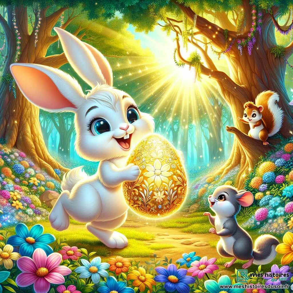 Un petit lapin nommé Léo, aux grandes oreilles et au pelage blanc, saute joyeusement dans une forêt enchantée, tenant un œuf doré dans ses pattes avant, entouré de fleurs colorées. À proximité, une petite souris nommée Mimi l'observe avec émerveillement, tandis qu'un écureuil nommé Titi grimpe à un arbre, curieux de l'œuf doré. La scène se déroule dans une forêt magique, avec des arbres majestueux et des fleurs multicolores, créant une atmosphère féerique. Léo vient de découvrir l'œuf doré et ses amis l'encouragent pour célébrer cette trouvaille.