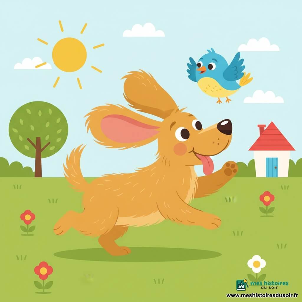 Chien doré aux grandes oreilles souples et pelage miel, yeux brillants, souriant, courant en levant une patte comme pour saluer; petit oiseau rond bleu et jaune, ailes déployées, souriant, vole juste au‑dessus de la tête, complice; jardin ensoleillé avec herbe verte, quelques fleurs rouges et blanches, petit arbre rond à gauche et maisonnette au fond à toit rouge; scène centrée et lisible pour tout‑petit montrant chien et oiseau jouant côte à côte, mouvement léger, formes douces et couleurs vives.