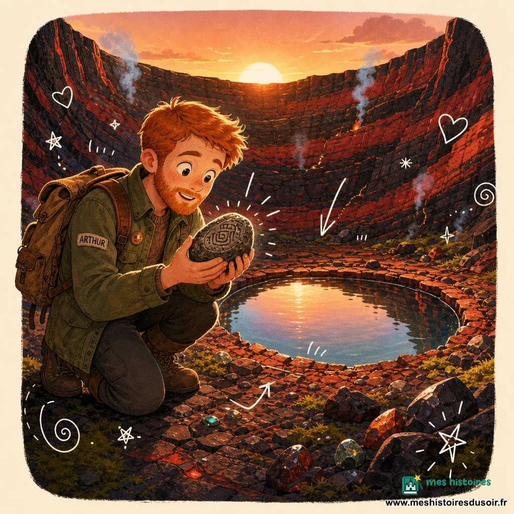 Arthur, souriant et émerveillé, yeux brillants, barbe rousse courte, veste kaki et sac à dos en toile, agenouillé près d'une petite mare miroir au fond d'un dôme volcanique rouge et noir aux parois striées, tenant délicatement une pierre gravée; fumées bleuâtres, sol fragmenté avec pierres luisantes, mare parfaitement ronde reflétant le ciel; lumière chaude du coucher de soleil, ombres longues, couleurs saturées (ocres rouges, noirs profonds, verts moussus); découverte douce et rassurante, posture protectrice; petits doodles blancs (flèches, étoiles, lignes) autour de la pierre et de la mare; style illustration jeunesse, contours doux, textures crayonnées, palette chaleureuse et contrastée.
