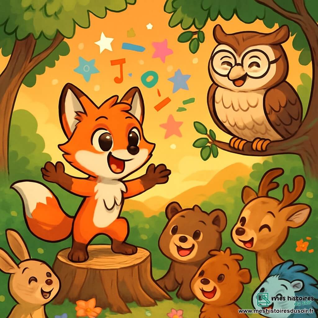Un jeune renard aux poils roux, avec de grands yeux brillants et une expression déterminée, se tient sur une souche d'arbre dans une clairière. Il raconte une histoire, ses pattes avant levées, tandis que des mots colorés flottent autour de lui. À proximité, un vieux hibou sage, avec des plumes brunes et des lunettes rondes, l'observe avec un sourire bienveillant, semblant l'encourager. La clairière est illuminée par la lumière dorée du crépuscule, avec des fleurs colorées et des animaux rassemblés autour, leurs visages remplis de joie. Félix, le renard, prend courageusement la parole devant ses amis, partageant une histoire avec passion dans une atmosphère chaleureuse et festive.