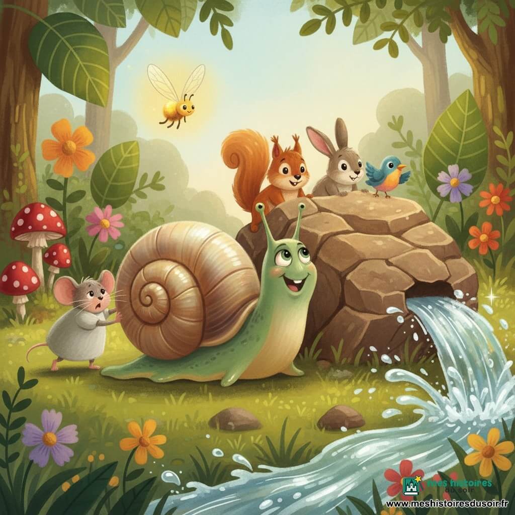 Un escargot espiègle en gros plan, coquille irisée, corps vert tendre, pousse un rocher avec un petit pied glissant, sourire malicieux ; à gauche, Marguerite la souris grise, ronde, sur ses pattes arrière, pousse énergiquement ; au‑dessus, Lila la luciole éclaire la scène d'une lueur jaune chaude. Autour, une forêt enchantée vive — feuilles nervurées, champignons rouges à pois blancs, mousse émeraude et fleurs colorées —, tandis que plusieurs petits animaux (écureuils, lapins, oiseaux) poussent ensemble le rocher pour libérer un ruisseau étincelant qui jaillit à droite, éclaboussant en gouttes brillantes; atmosphère chaleureuse, solidarité, textures de gouache et contours doux.