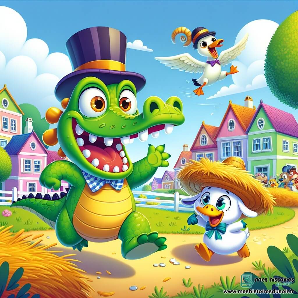 Un crocodile joyeux nommé Croco, avec une peau verte et des yeux malicieux, porte un chapeau haut de forme qui tourne sur sa tête. Il court avec un grand sourire, ses petites pattes palmées agitant dans tous les sens. À ses côtés, une chèvre espiègle nommée Chacha, au pelage blanc et aux cornes en spirale, porte un béret rouge et est coincée dans une botte de foin, riant aux éclats. Non loin, un canard amusant nommé Coincoin, avec un plumage jaune vif et un sombrero, court après son chapeau emporté par le vent. La scène se déroule dans le village coloré de Rigoloville, entouré de maisons pastel et d'un grand champ verdoyant, sous un ciel bleu éclatant. Au centre, un grand arbre majestueux marque la ligne d'arrivée de la course. Croco, Chacha et Coincoin sont en pleine course de chapeaux, avec des expressions hilarantes, tandis que les autres animaux du village les regardent en riant et en applaudissant, créant une atmosphère joyeuse et festive.