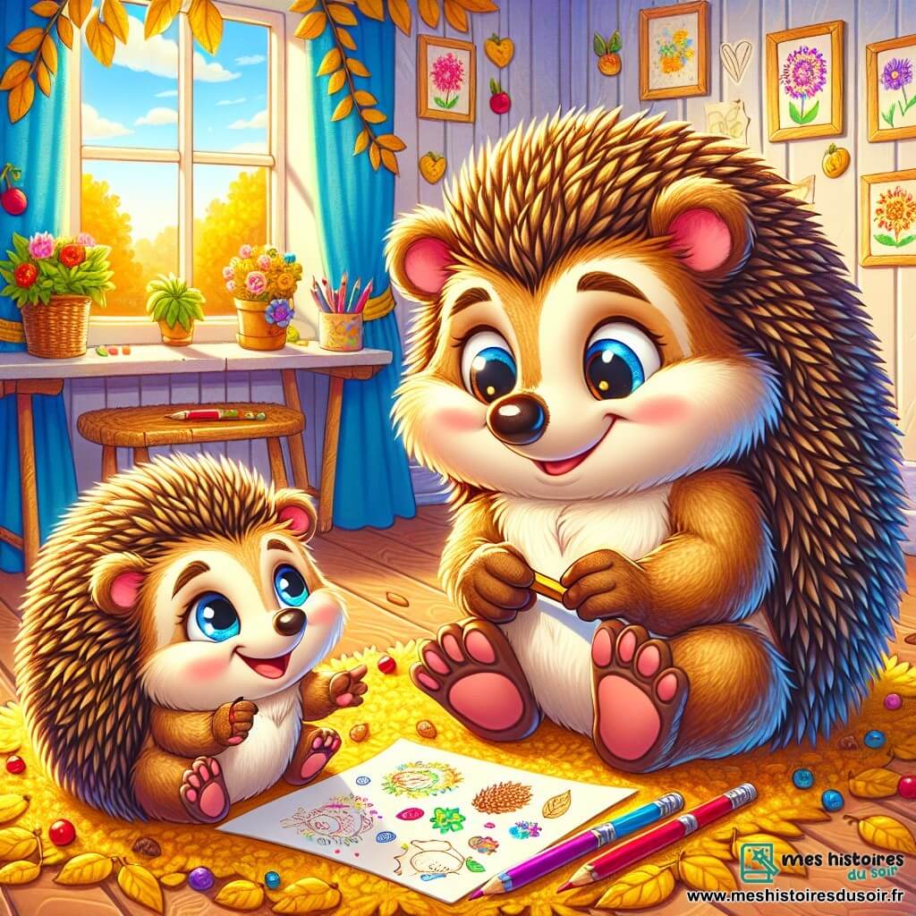 Prunille, un petit hérisson aux piquants doux, est assis sur un tapis de feuilles dorées, souriant joyeusement. Ses yeux brillent d'excitation alors qu'il tient un crayon et regarde une feuille blanche pleine de croquis colorés. À côté de lui, son papa hérisson, plus grand et costaud, l'observe avec tendresse, tenant une grande brosse à dents en bois, symbole de la course à venir. La scène se déroule dans une chambre de hérisson décorée de guirlandes de fleurs et de dessins, avec une fenêtre ouverte laissant entrer la lumière du soleil. Prunille écrit une lettre pour la fête des pères, entouré de feuilles et de crayons, tandis que son papa l'encourage, créant une ambiance chaleureuse et festive.