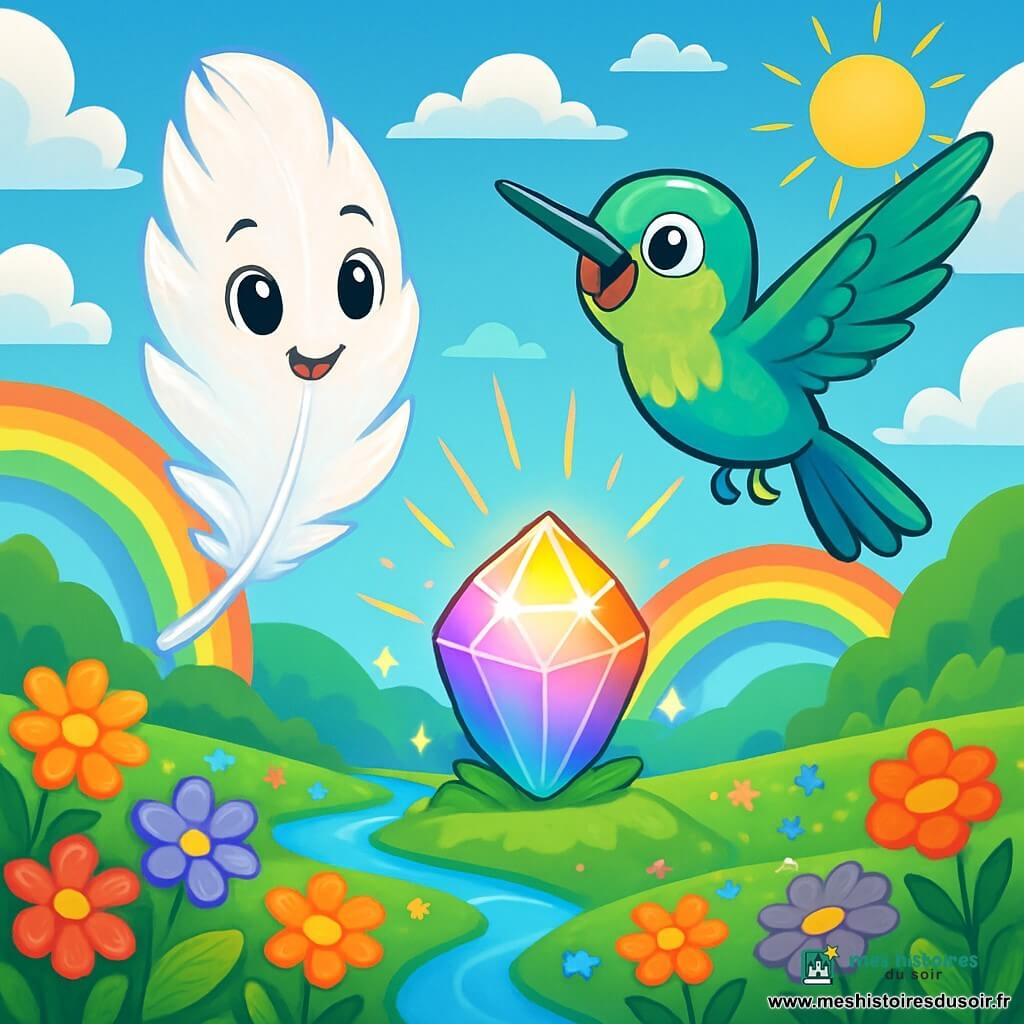 Une petite plume légère nommée Pluma flotte dans un ciel azur, ses yeux brillants de curiosité. Elle est d'un blanc éclatant avec des reflets irisés et danse dans l'air, entourée de nuages cotonneux. À côté d'elle, un colibri nommé Zéphyr, aux plumes vertes et bleues, vole avec agilité, plein d'enthousiasme, et guide Pluma vers une vallée magique. Dans cette vallée, des fleurs multicolores s'épanouissent sous un ciel ensoleillé, avec des arcs-en-ciel illuminant le paysage. Pluma et Zéphyr s'approchent du Cristal des Couleurs Éternelles, un trésor brillant au centre de la vallée, créant une atmosphère de magie.